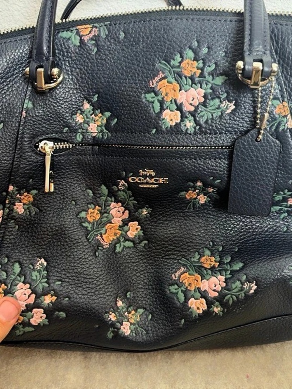 Coach Prairie Satchel 91603 Rose Bouquet Navy Floral Pebbled Leather Purse